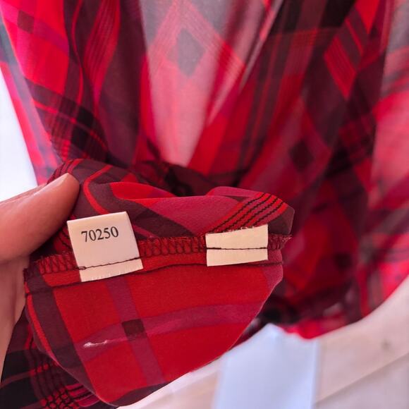 Loft EUC Women's Sheer Red Plaid Faux Wrap Blouse Size L - Picture 3 of 5